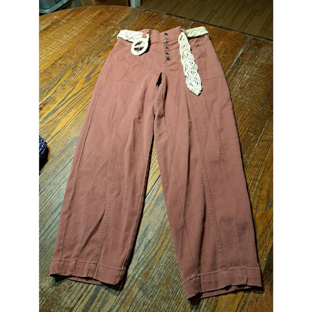 XS Knox Rose Elastic Partial Waist High Rise 4 Button Fly Pants Crochet Belt
